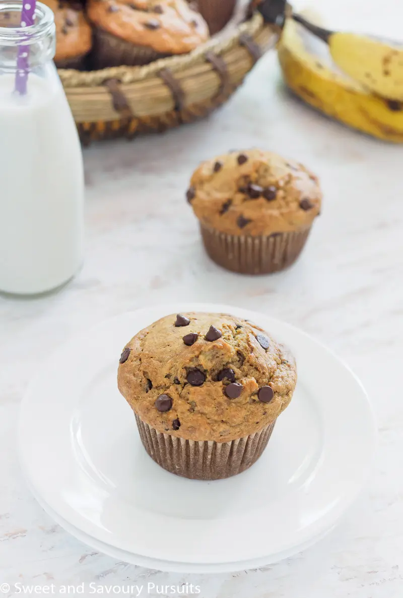 Banana Oatmeal Chocolate Chip Muffin on small white dish.