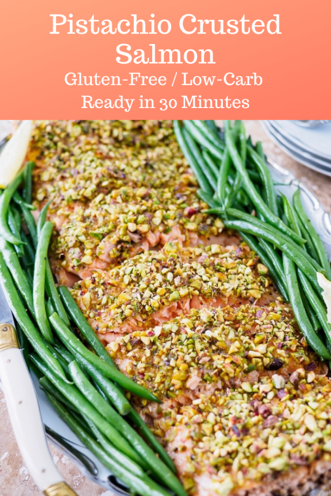 Filet of Pistachio Crusted Salmon served with green beans on the side.