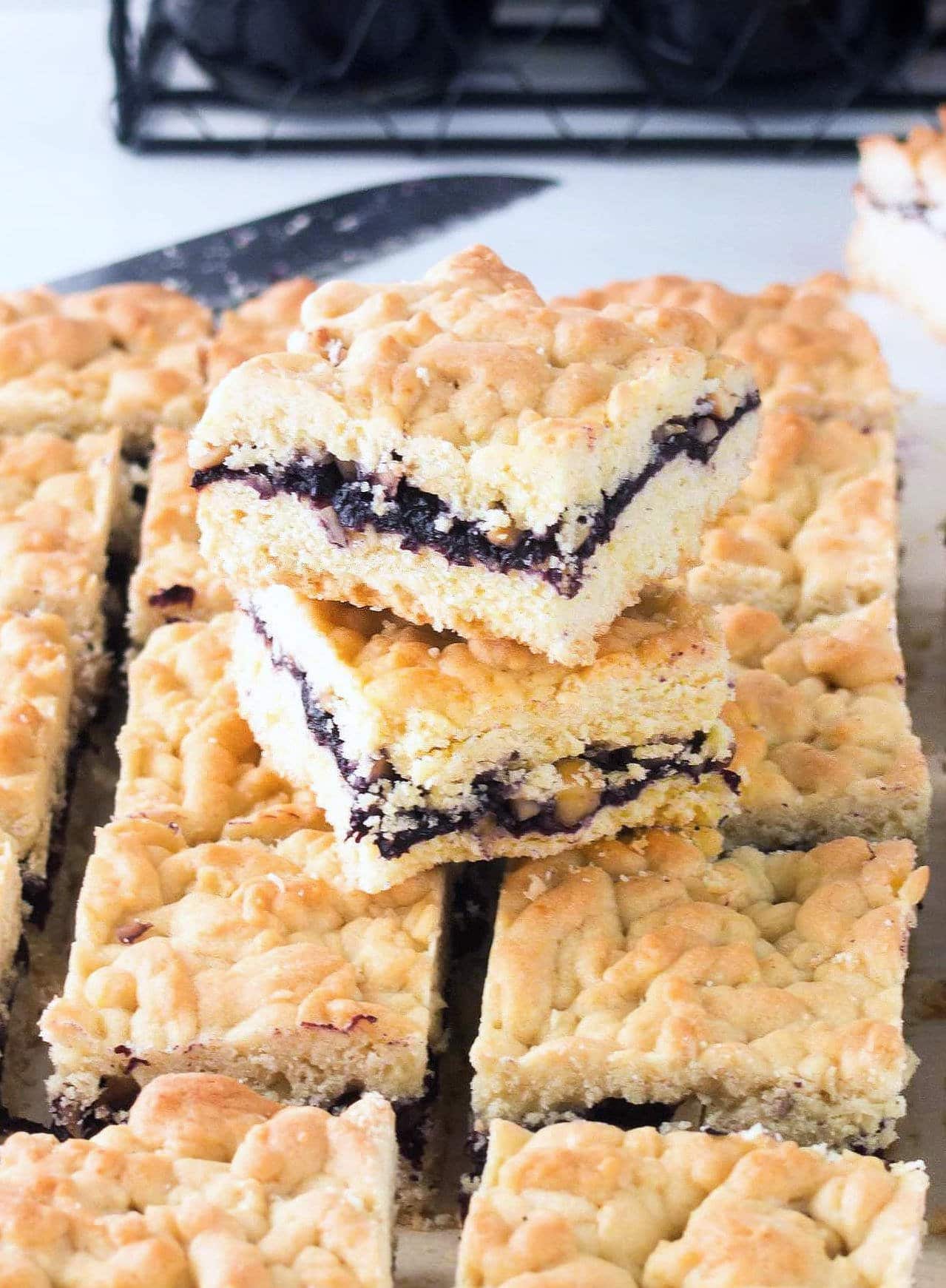 Close-up of sliced Blueberry Jam and Hazelnut Bars.