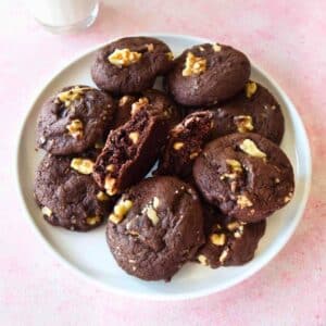 Plate of chocolate walnut cookies.