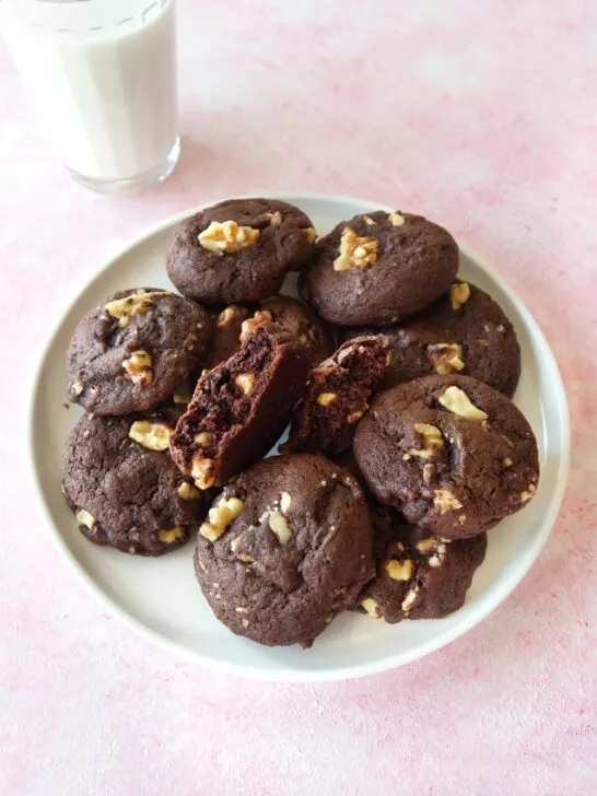 Close up of a plate of Fudgy Chocolate Walnut Cookies