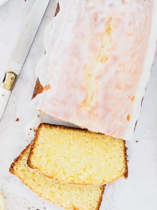 Top view of lemon loaf cake.