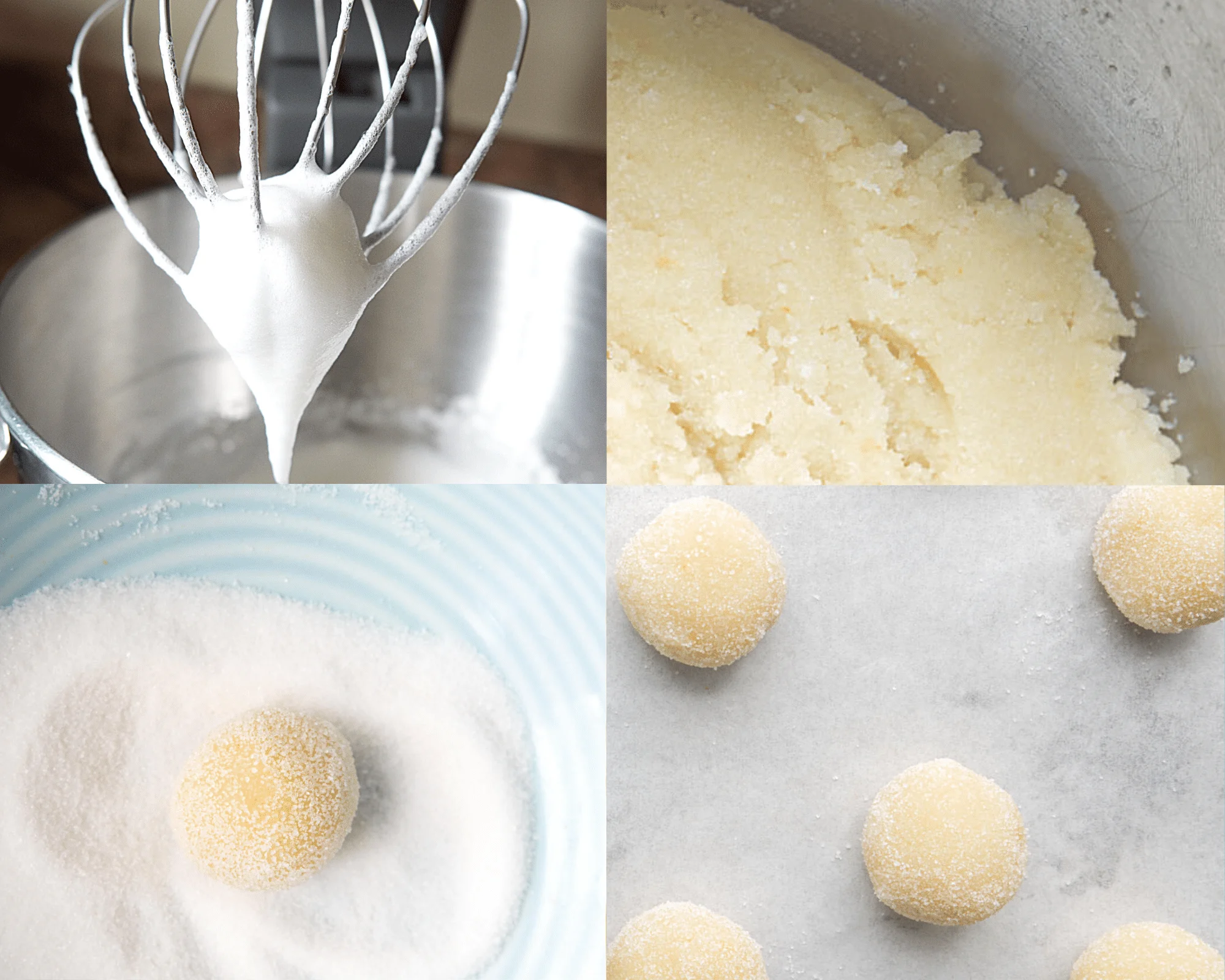 A series of four photos showing steps to making amaretti cookies.