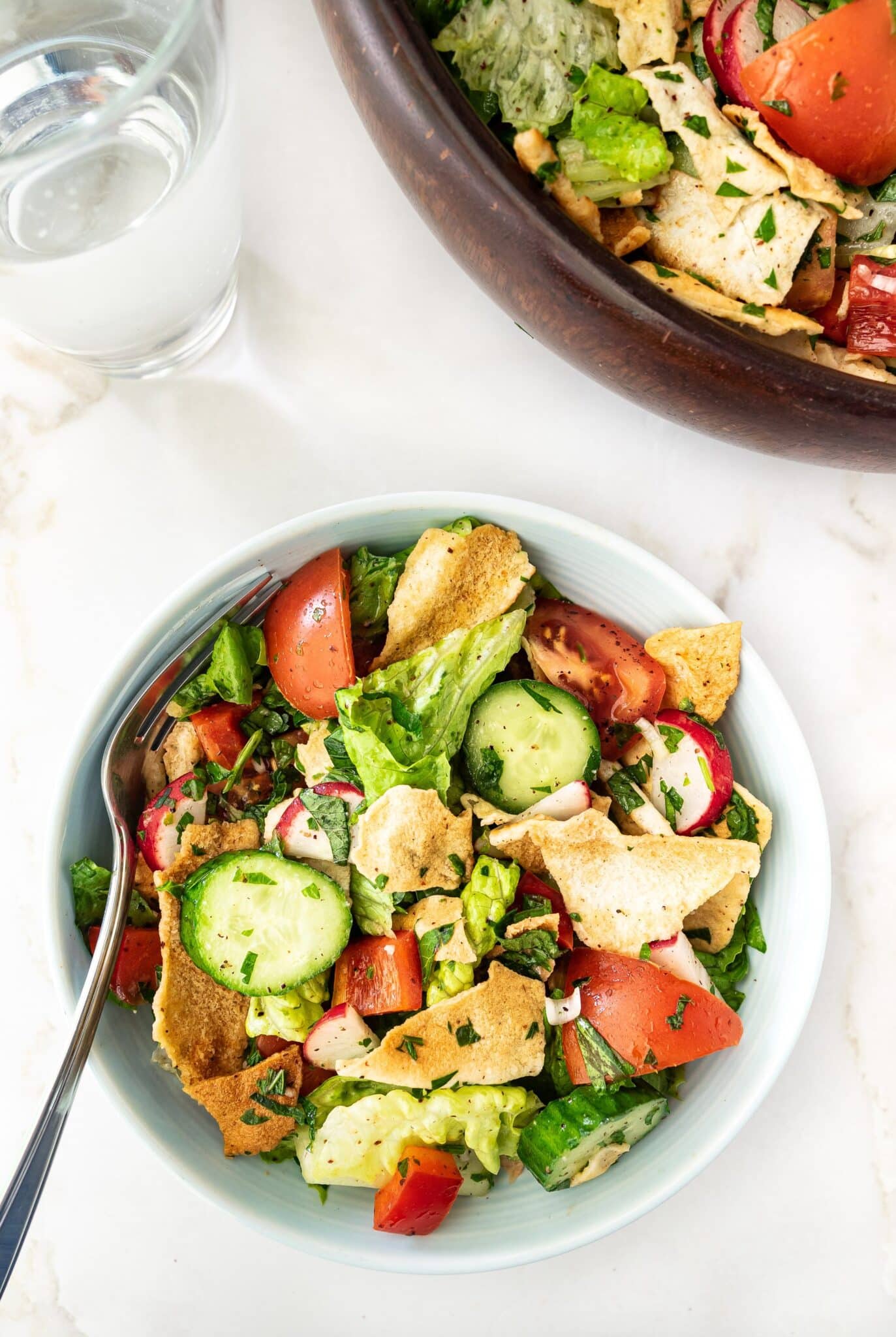 Serving of Fattoush Salad in  a bowl.