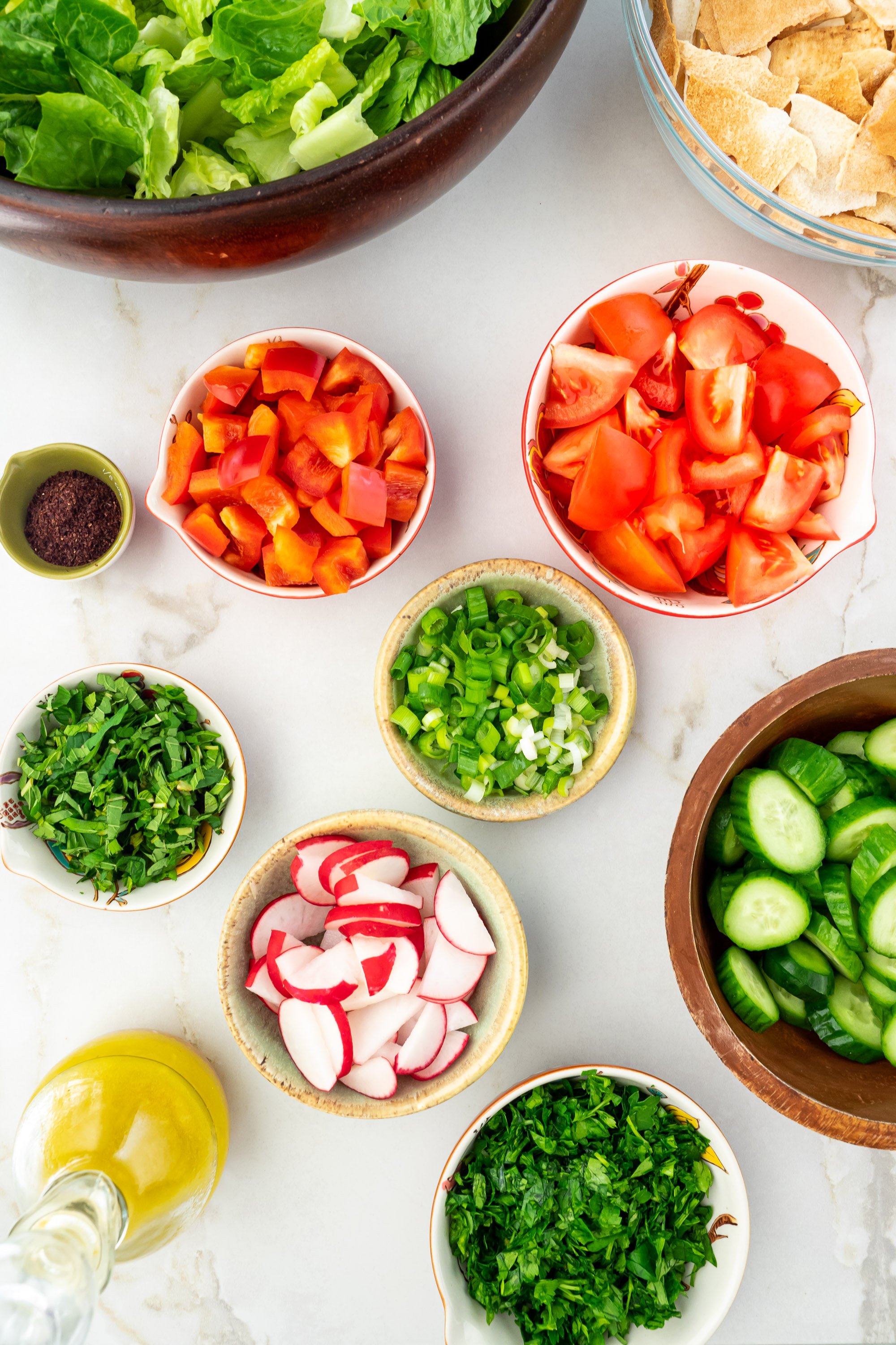 Ingredients for Fattoush salad.