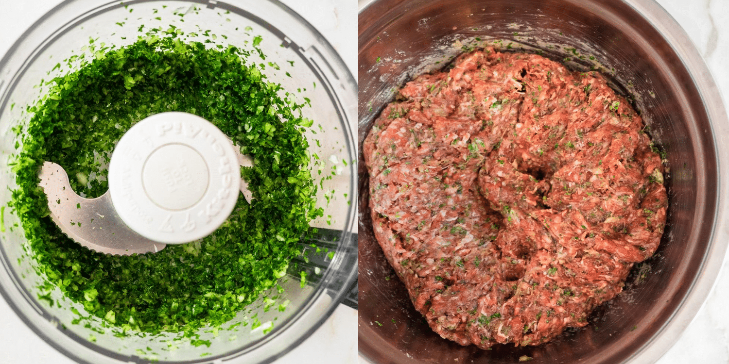 Collage of two pictures. The first one is picture of chopped parsley and onion in the food processor bowl. The second is a bowl of ground beef mixed with parsley, onion and spices.  
