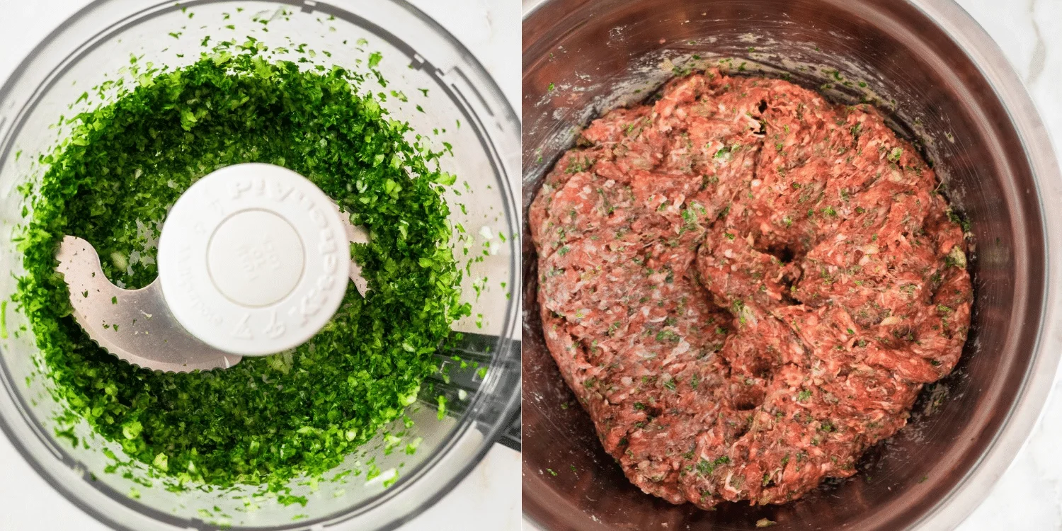 Side-by-side images for how to make Kafta kebabs.