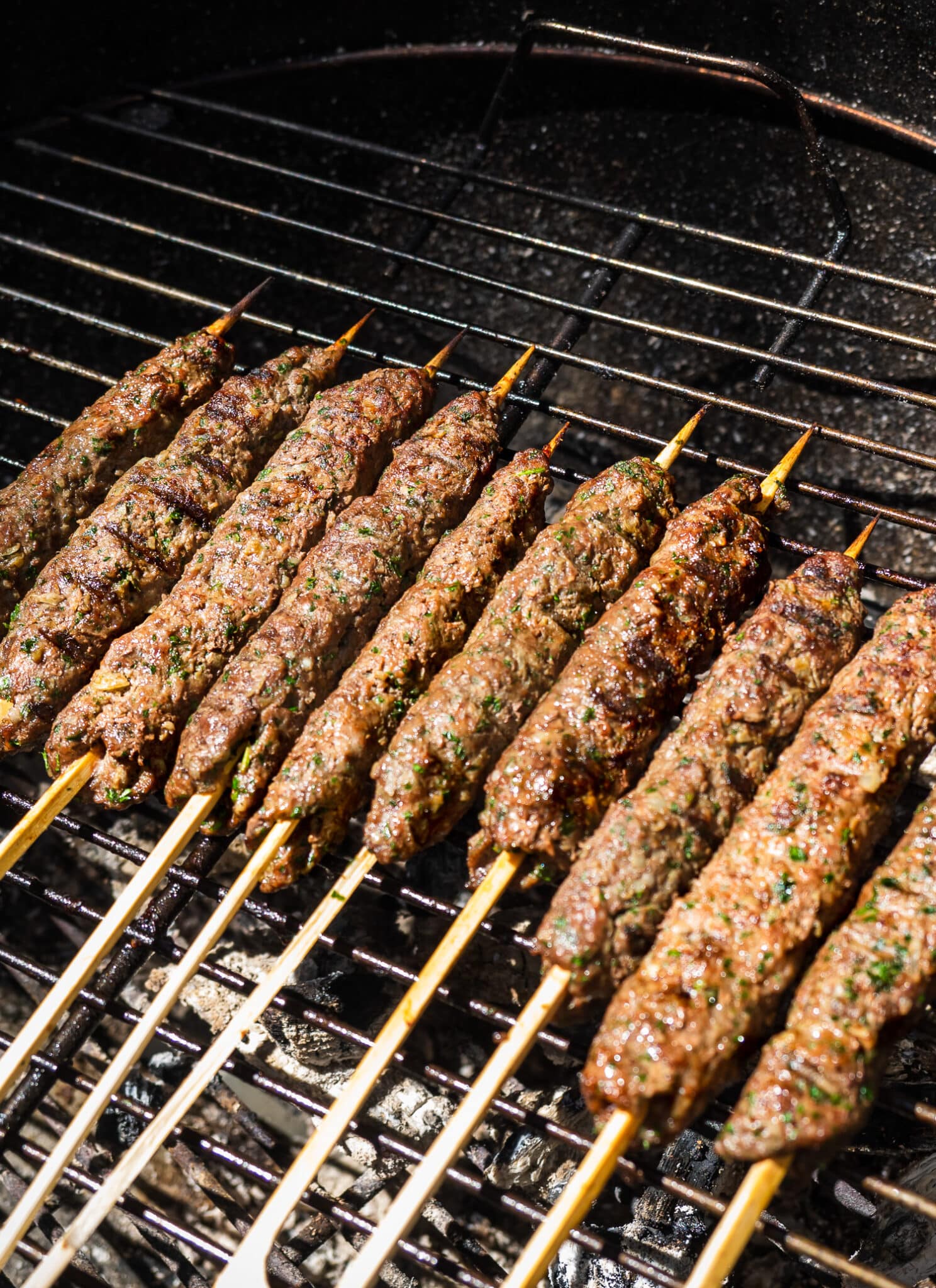Kafta kebabs on the grill.