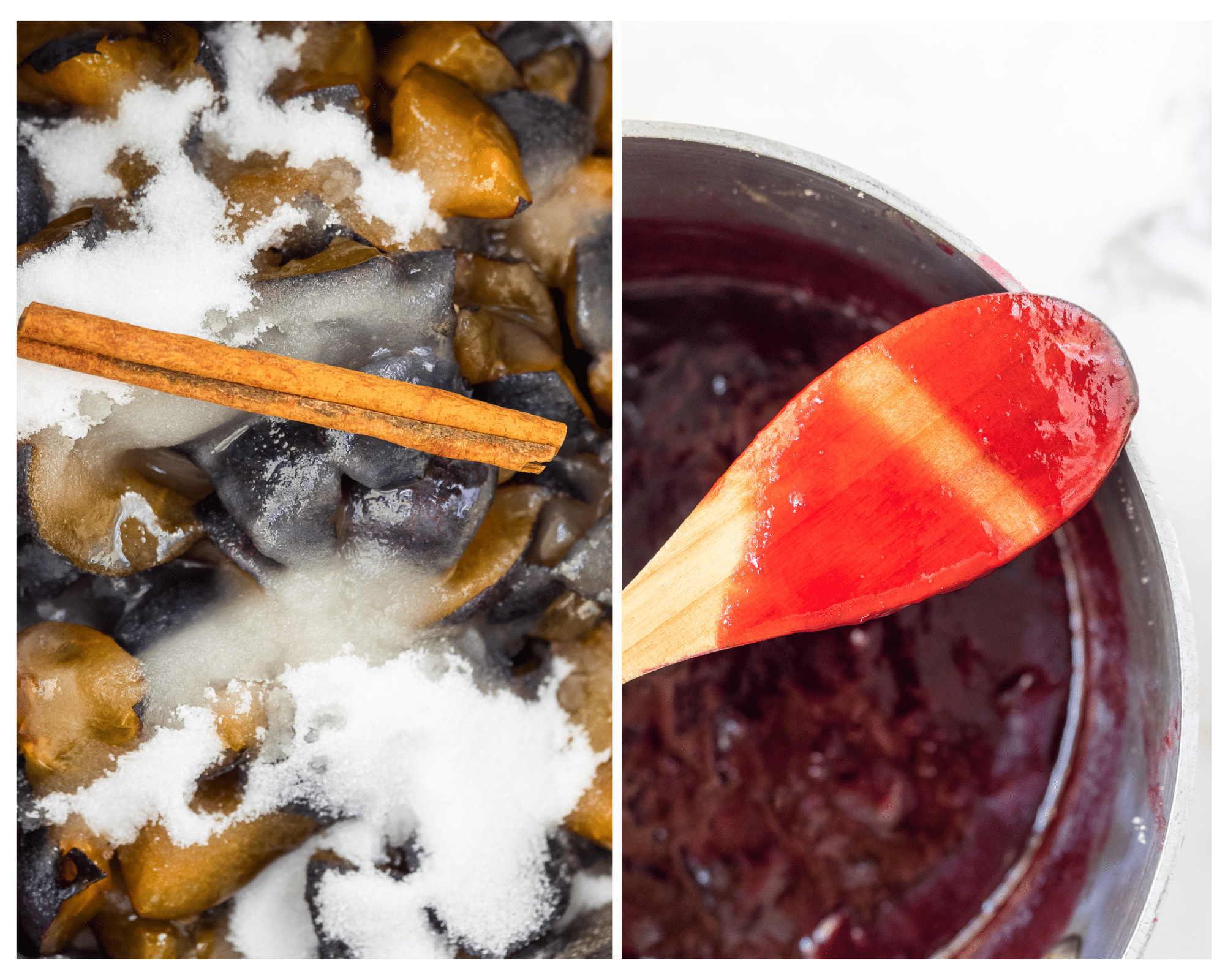 Two pictures showing the process of making plum jam.