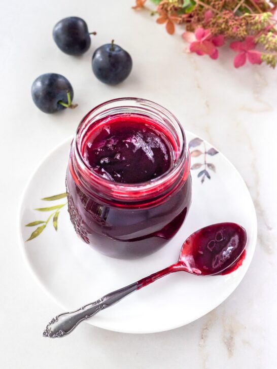 Jar of homemade plum jam.