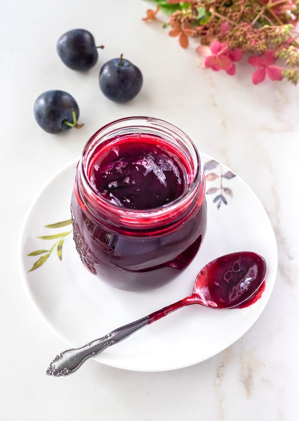 Jar of homemade plum jam.