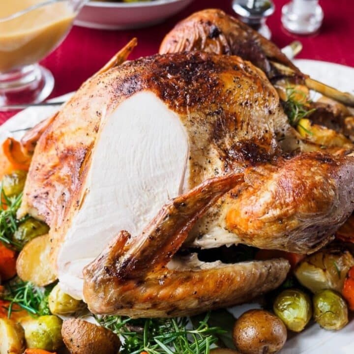 Roast turkey on platter.