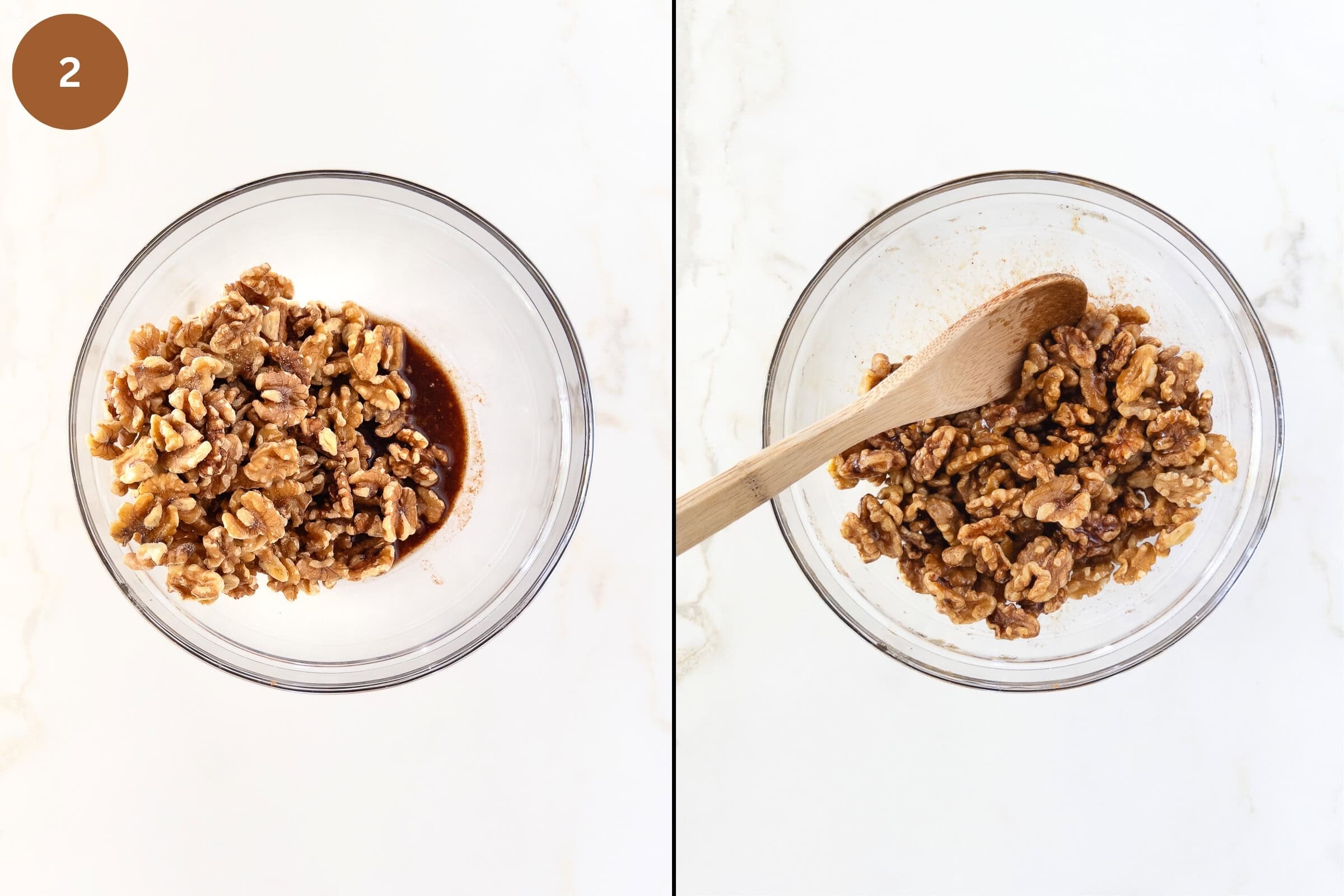 Second step showing how to make glazed maple walnuts.