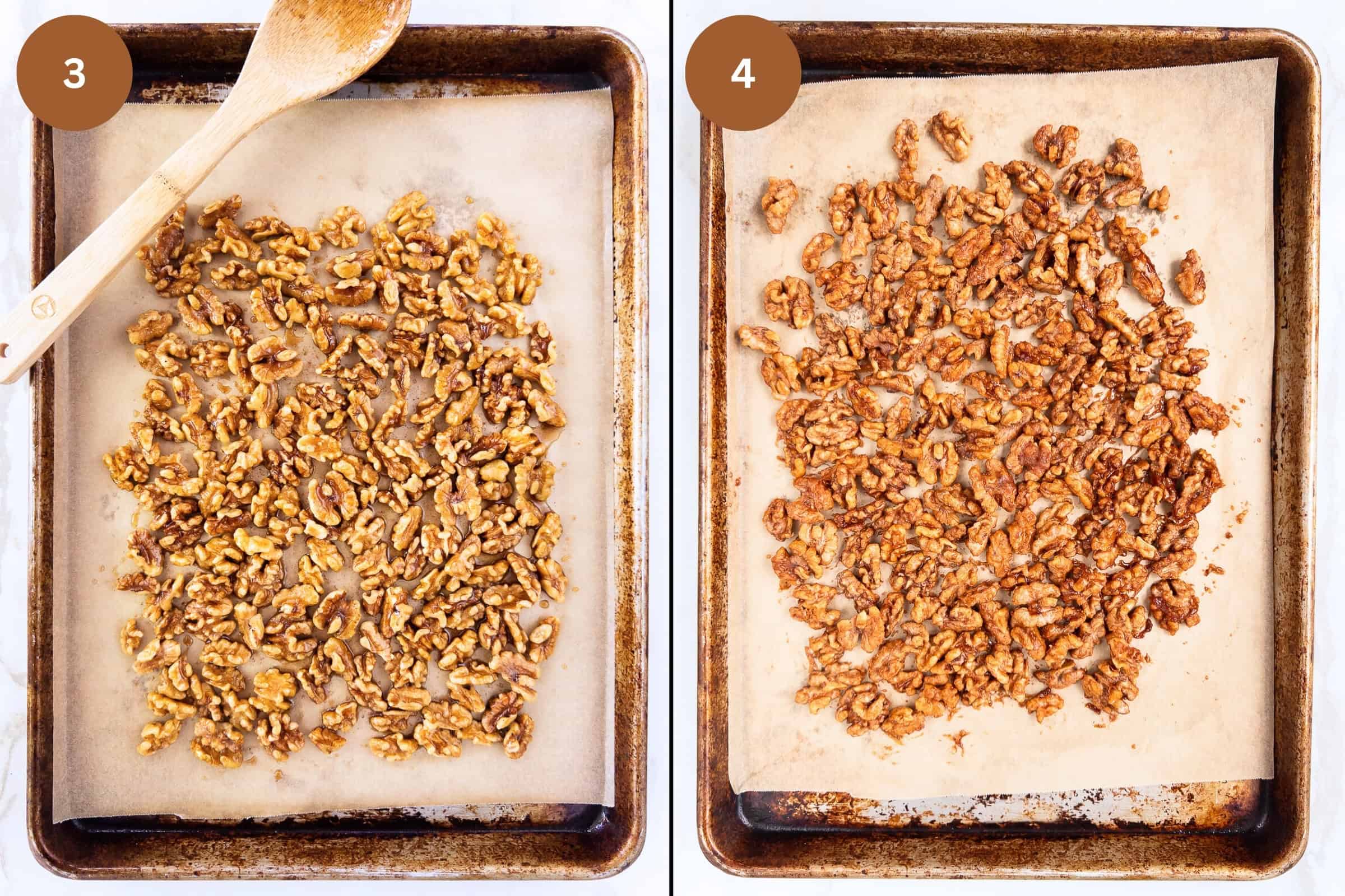 Last steps to roasting spiced walnuts.