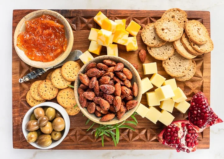 Snack board with Rosemary Almonds and other nibbles.