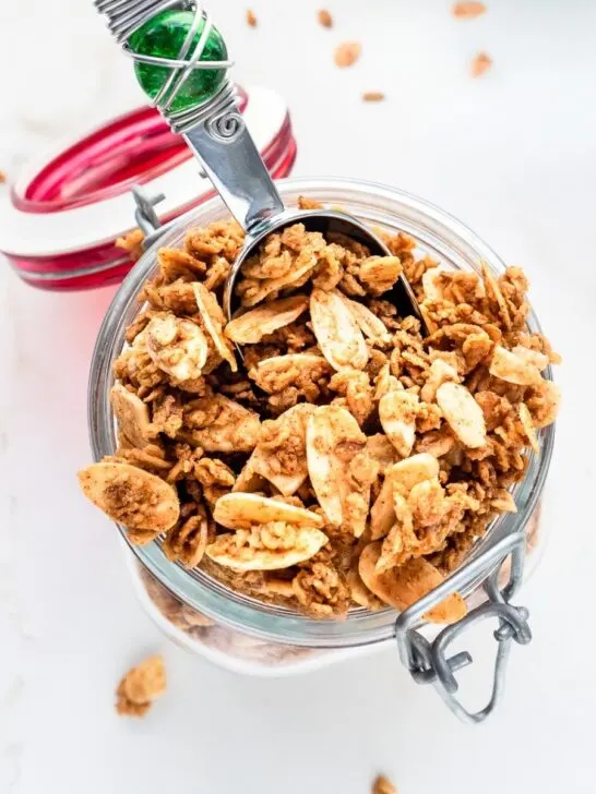 Mason jar filled with vanilla almond granola.