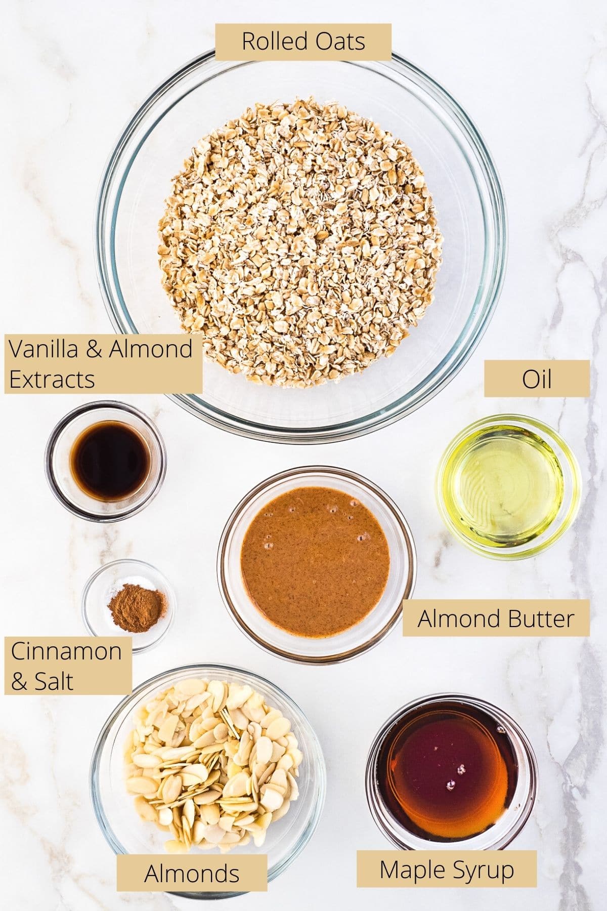 Ingredients needed to make vanilla almond granola.