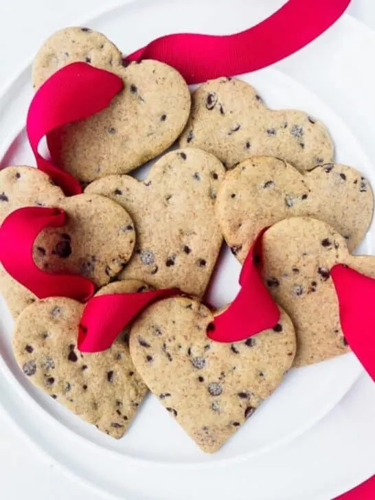 Plate of heart shaped cookies.