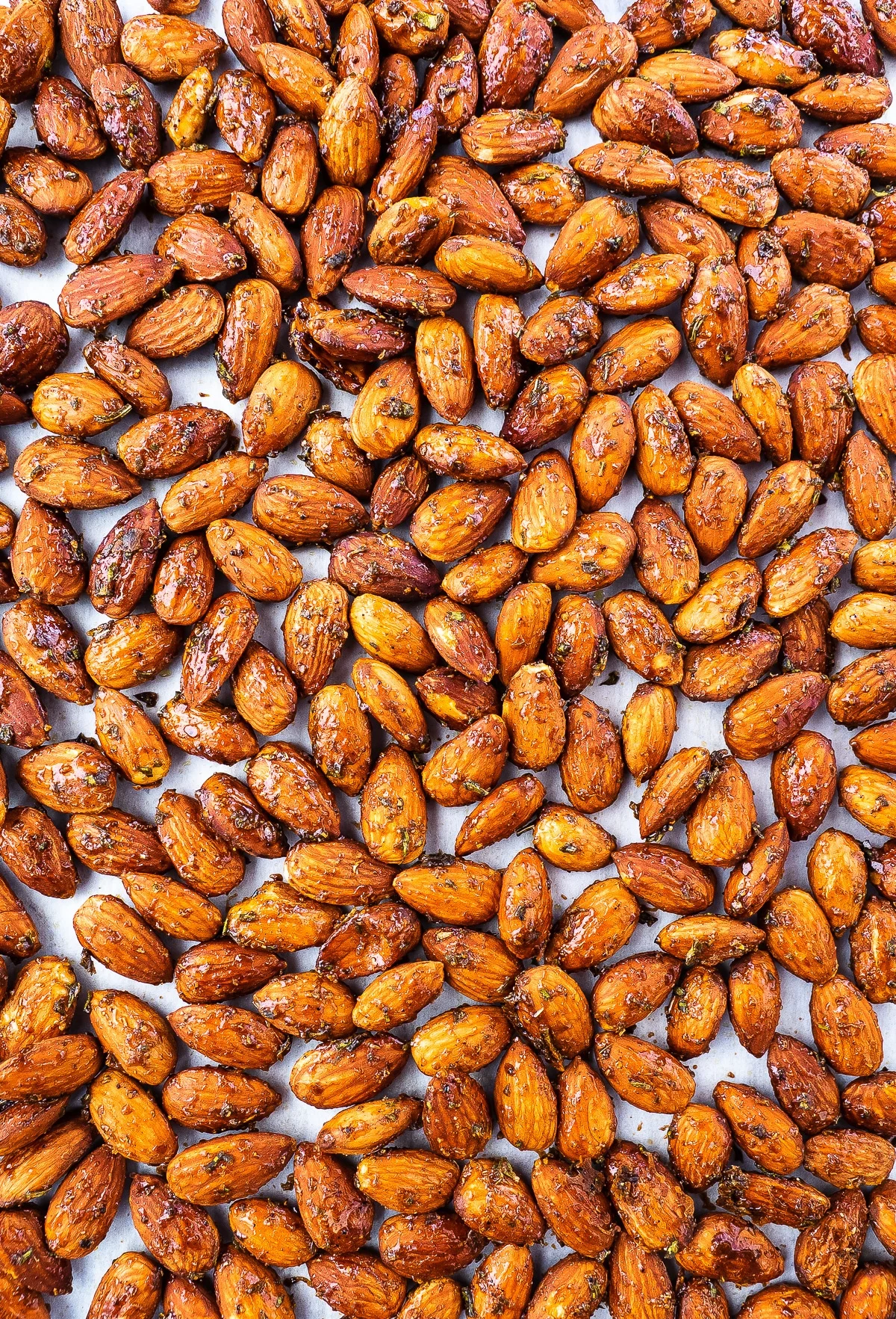 Tray of freshly roasted almonds.