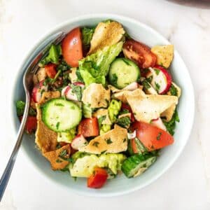 Top view of Fattoush (Pita bread) salad