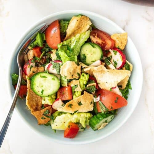 Top view of Fattoush (Pita bread) salad