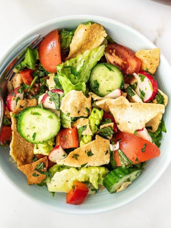 Top view of Fattoush (Pita bread) salad