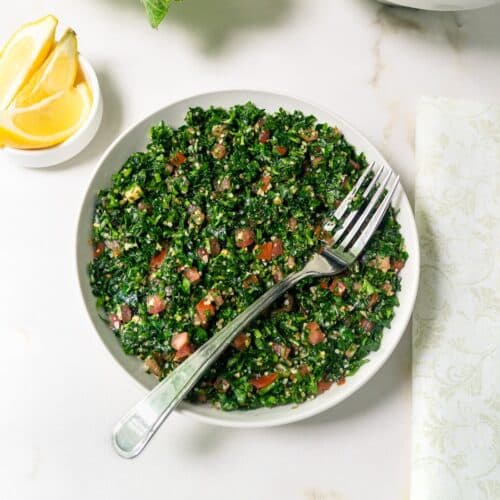 Top view of a bowl of Tabbouleh salad.