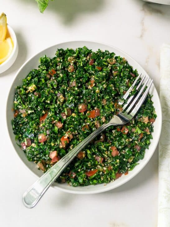 Top view of a bowl of Tabbouleh salad.