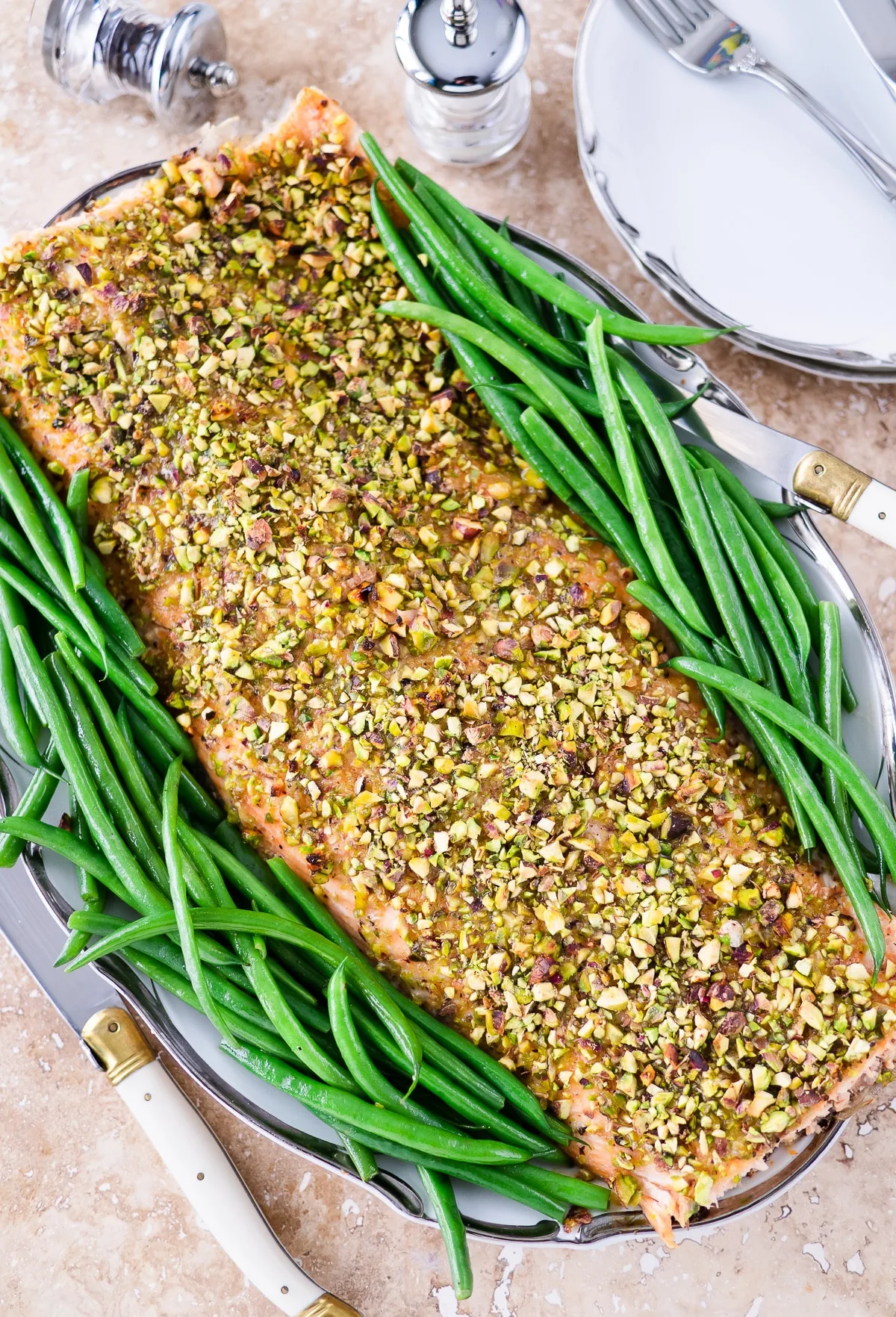 Baked salmon fillet with nut crust.