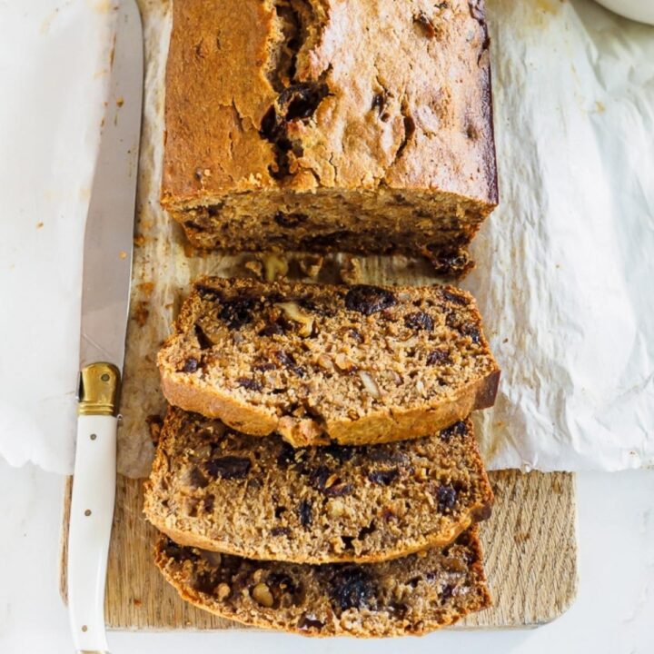 Sliced pear, date and walnut bread.
