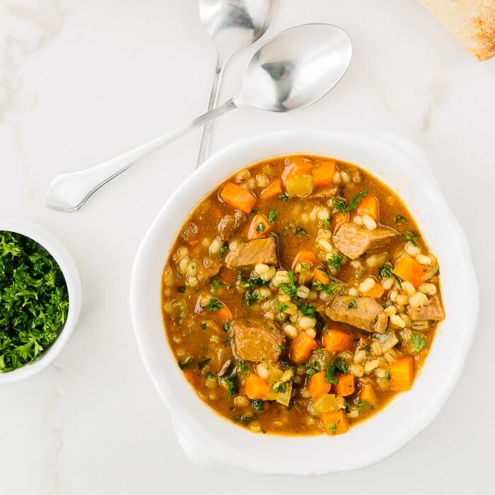 Bowl of beef barley soup.