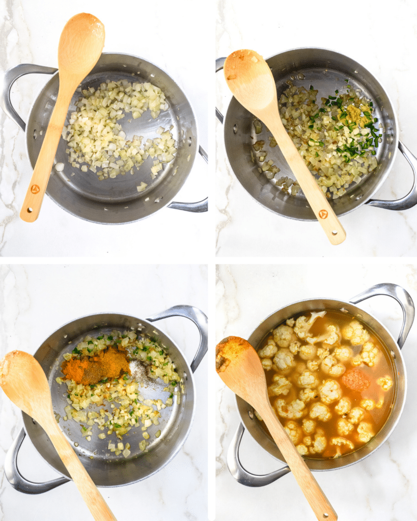 Step by step images of how to make red lentil and cauliflower soup.