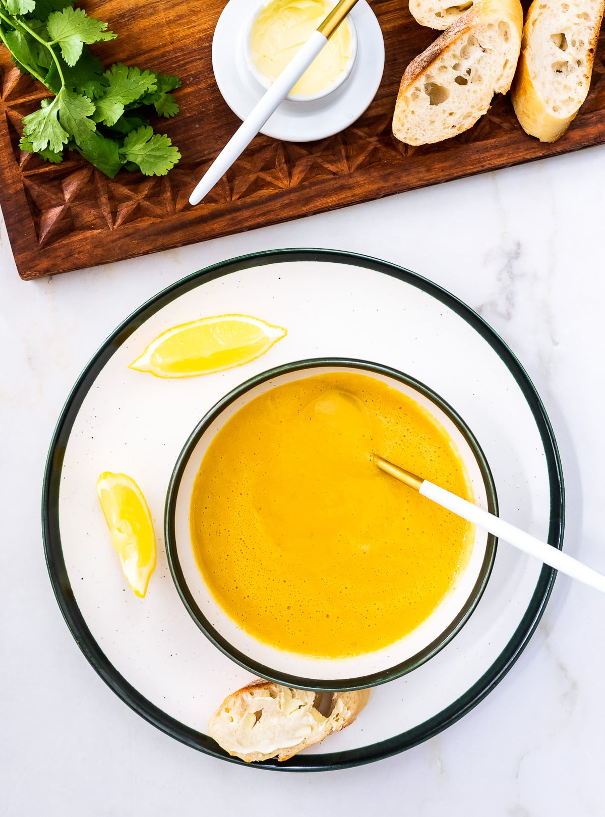 Bowl of creamy red lentil and cauliflower soup.