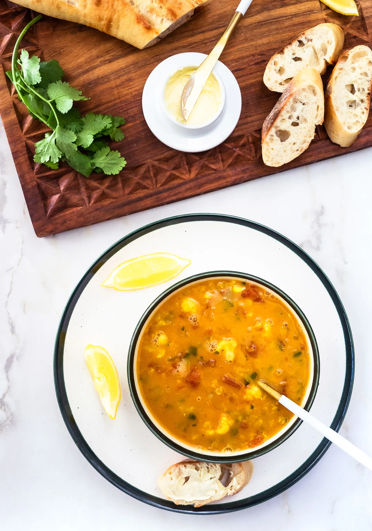 Bowl of red lentil and cauliflower soup.