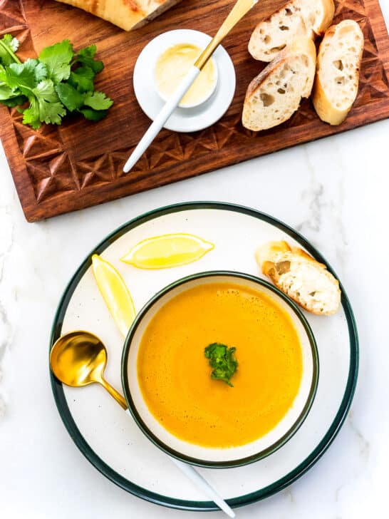 Bowl of creamy red lentil and cauliflower soup.