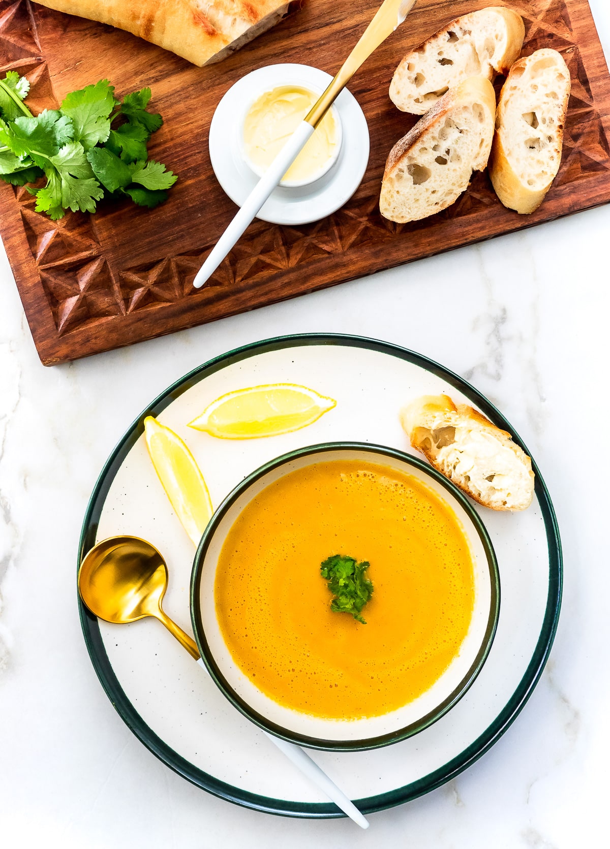 Bowl of creamy red lentil and cauliflower soup.