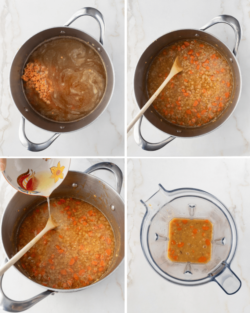 Four step by step Images of how to make red lentil soup.