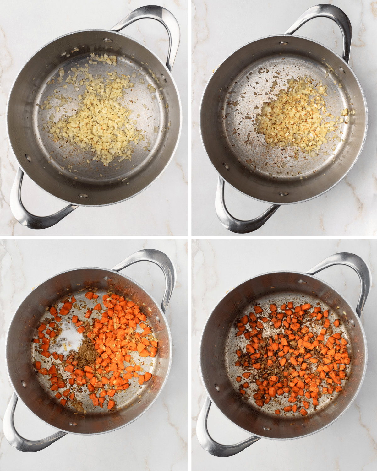 Four step by step images of how to make Lebanese Red Lentil Soup.