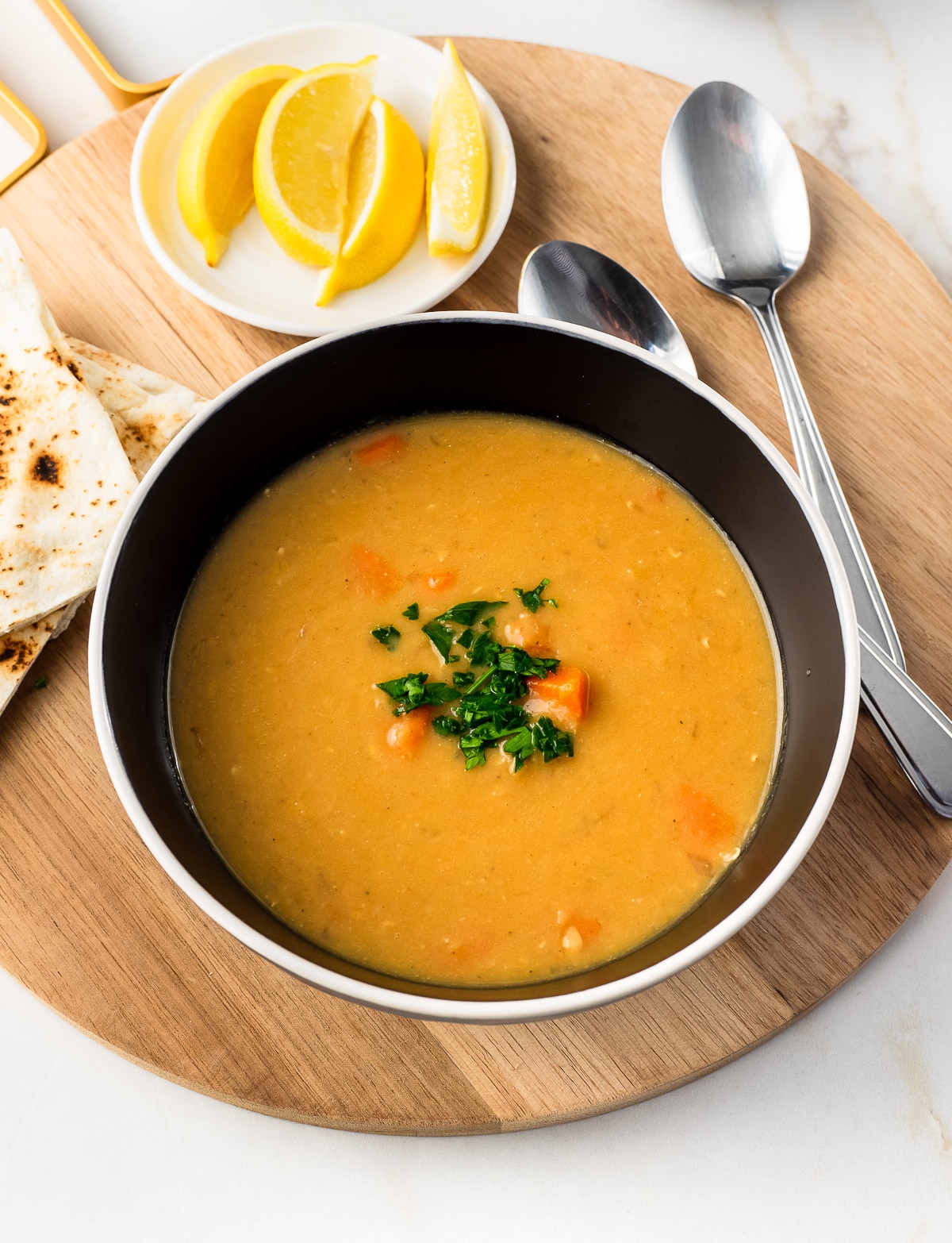 Close-up of a bowl of Lebanese lentil Soup.