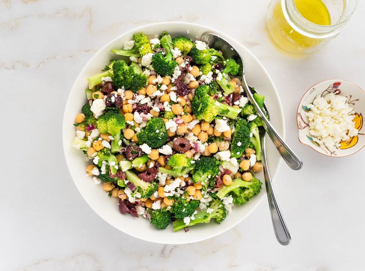 Broccoli salad with chickpeas served with a lemon and olive oil dressing.