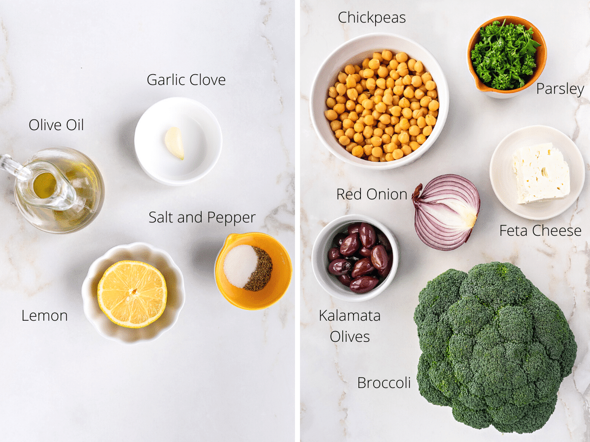 Ingredients needed to make Chickpea Broccoli Salad.