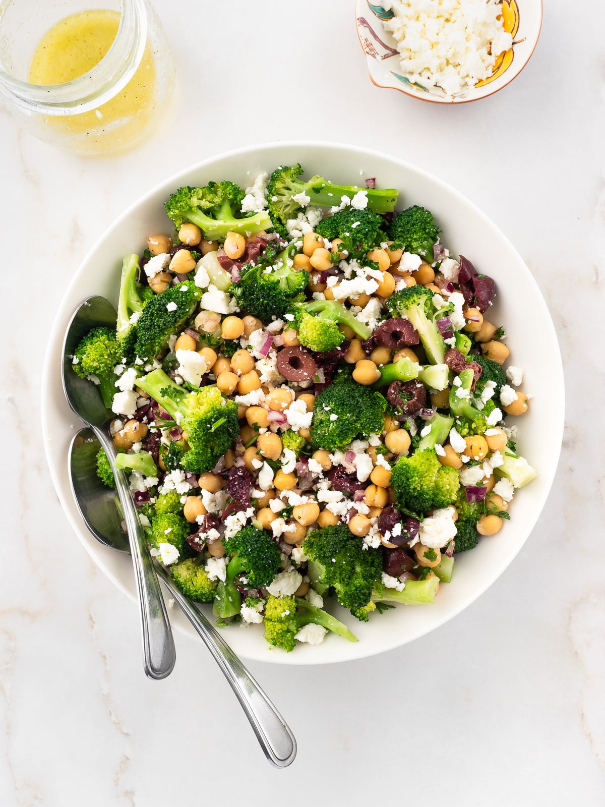 Bowl of chickpea and broccoli salad.