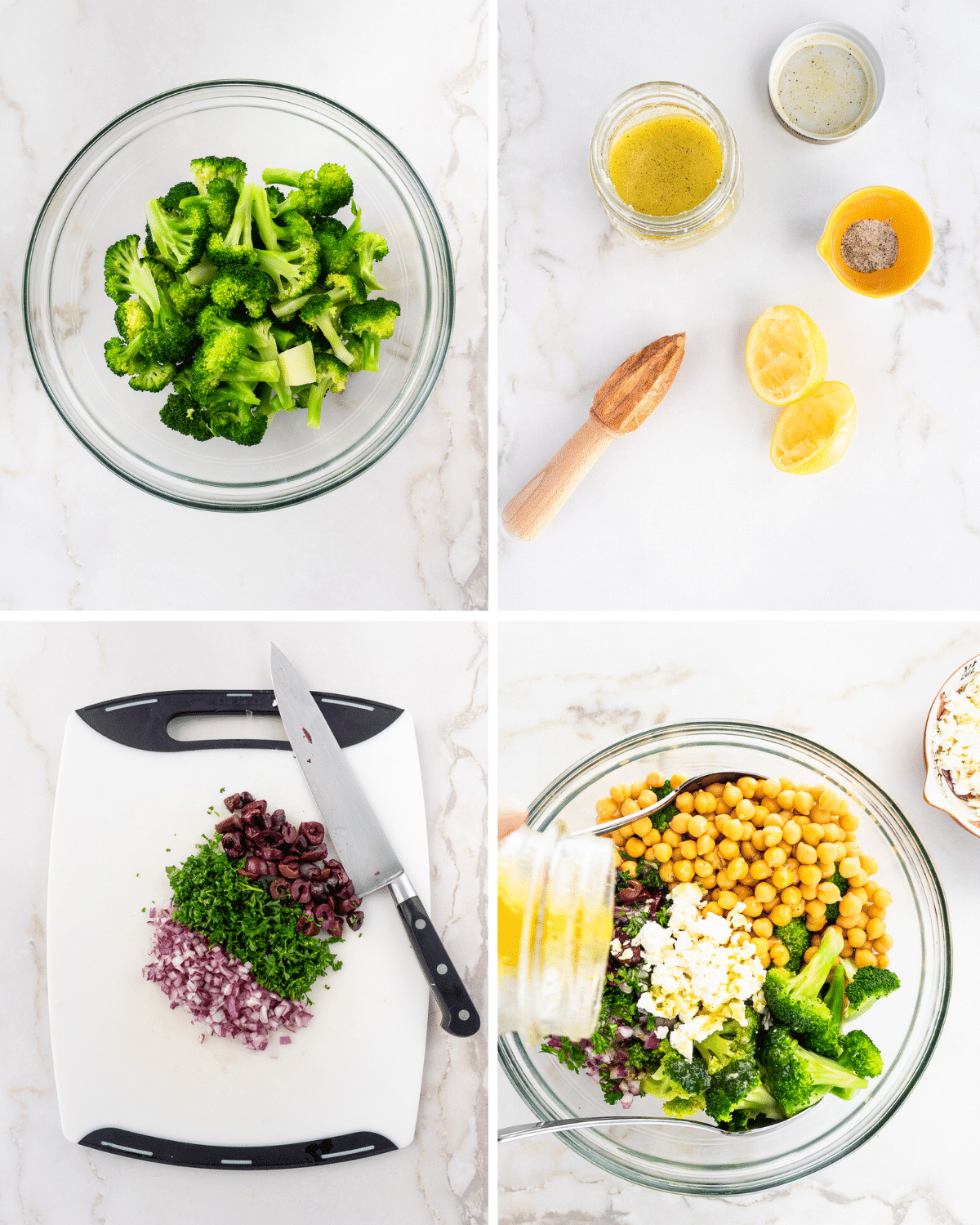 Step-by-step images of how to make chickpea broccoli salad.