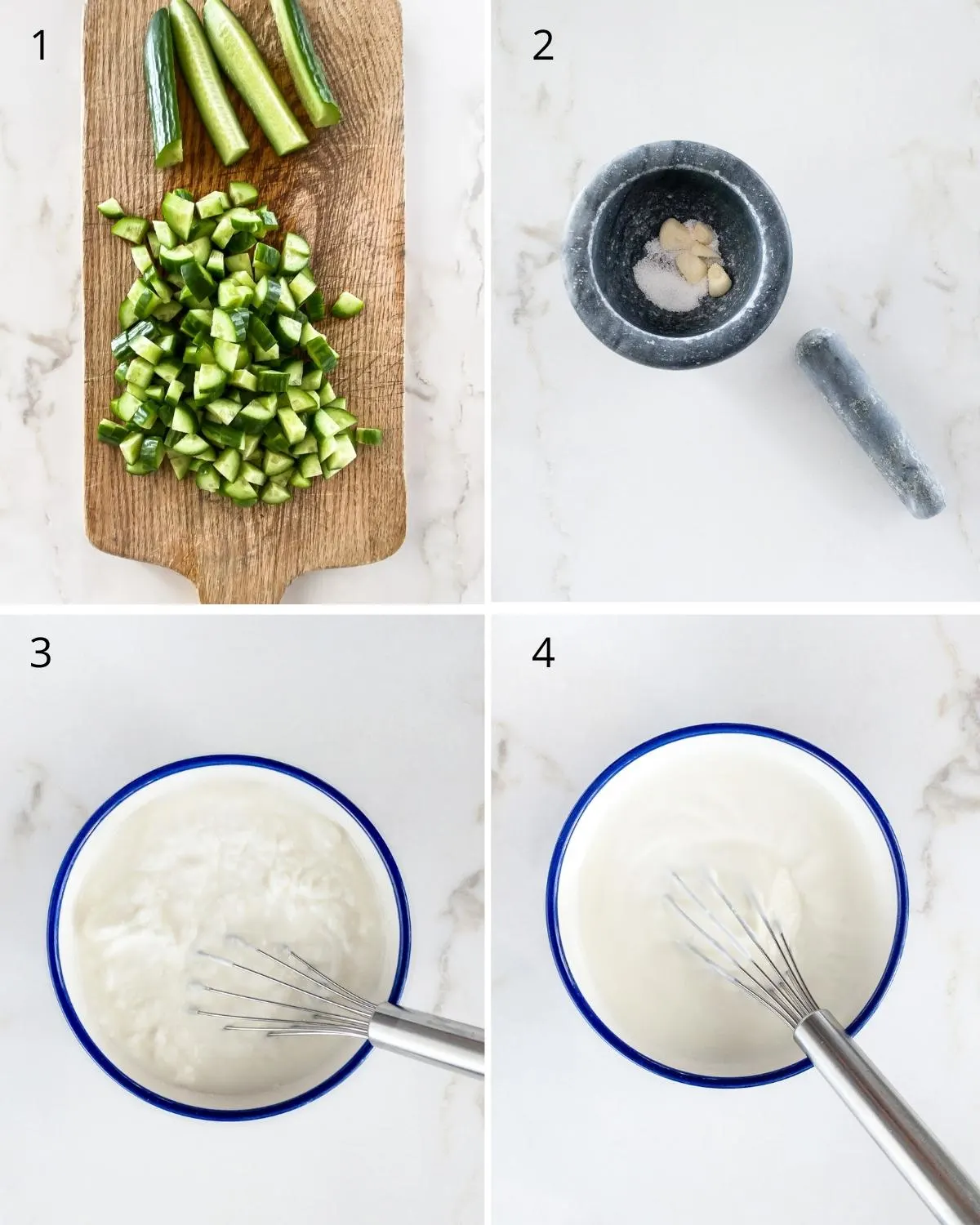 Step-by-step images of how to make cucumber and yogurt salad.