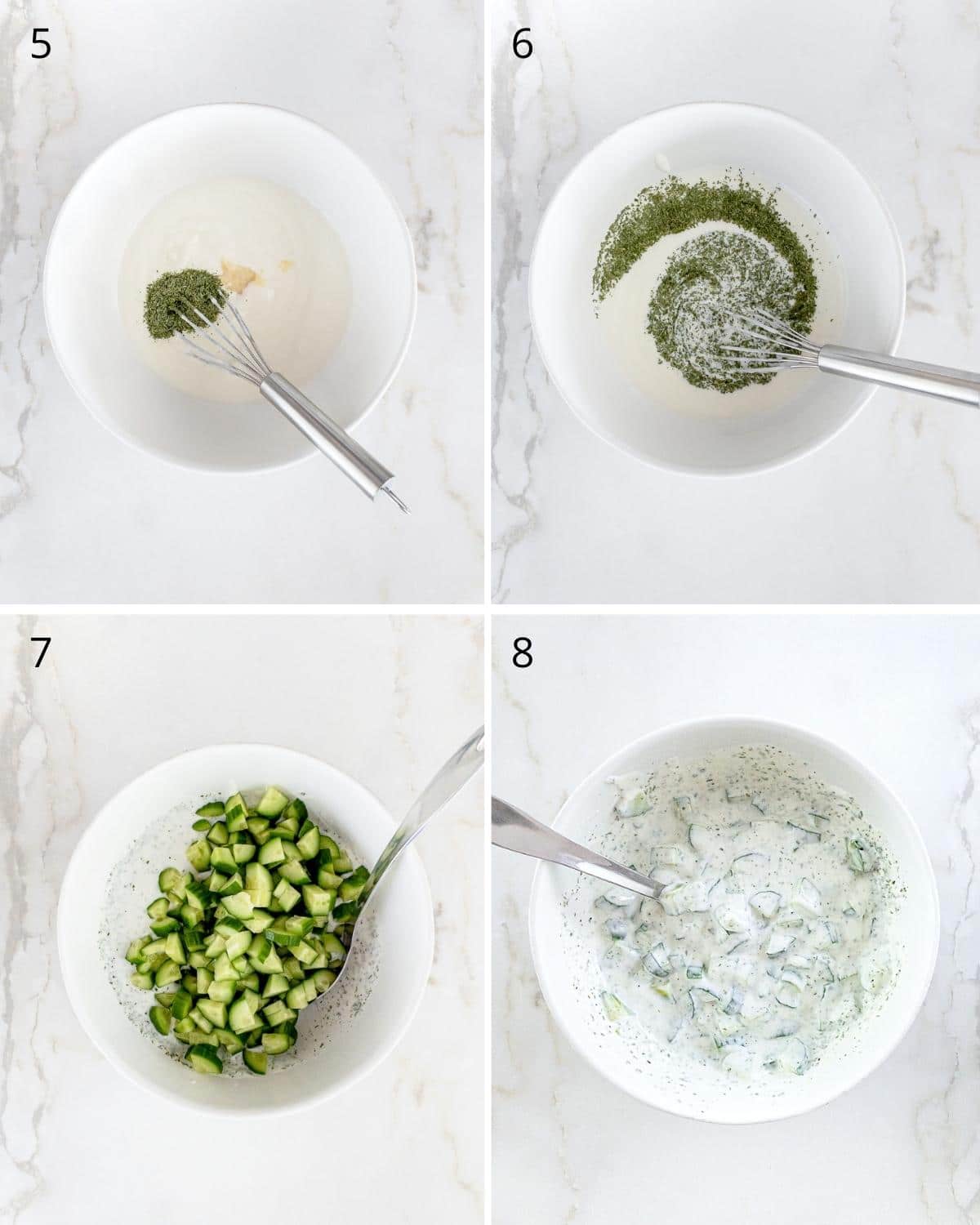 Step-by-step images of how to make cucumber and yogurt salad.