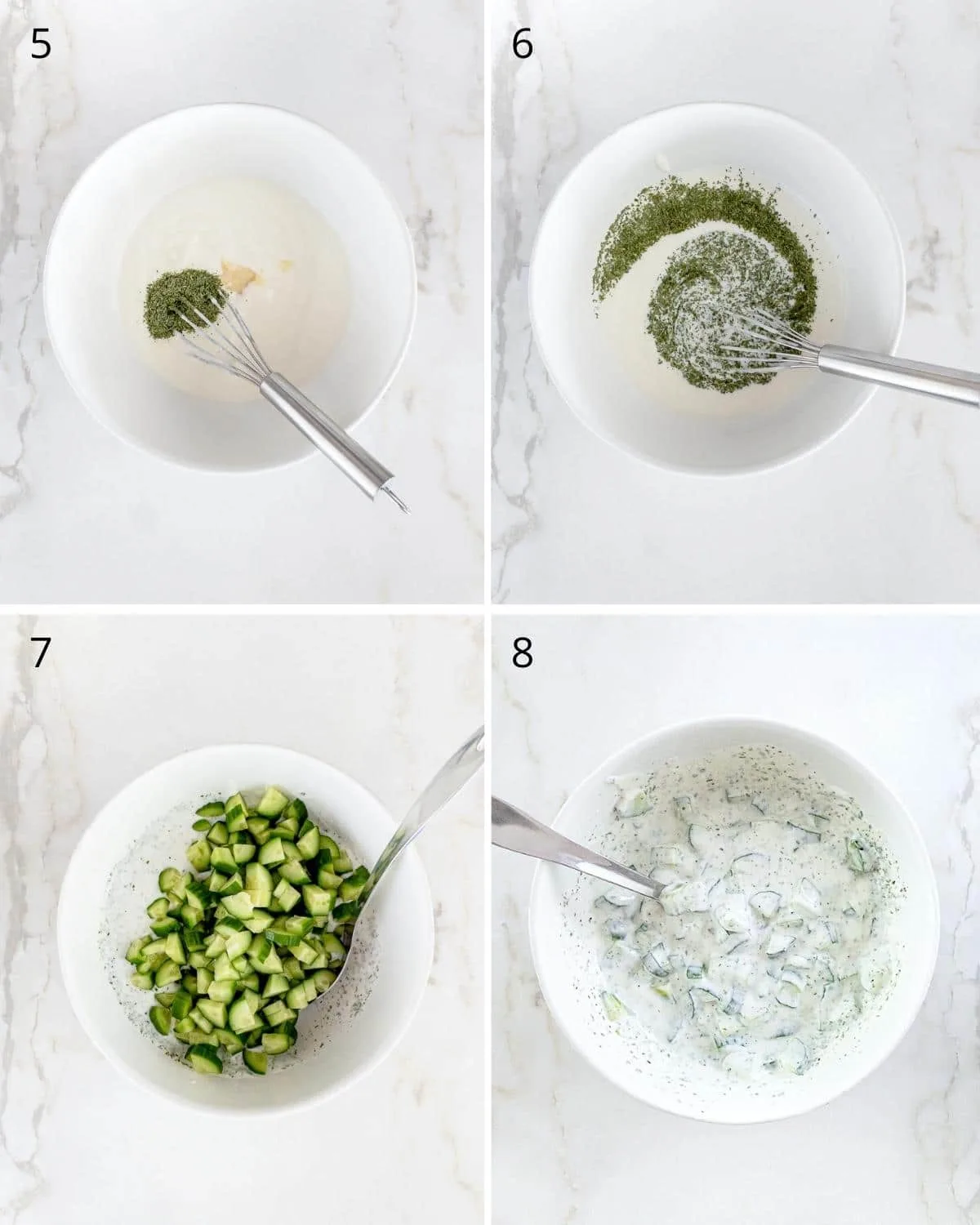 Step-by-step images of how to make cucumber and yogurt salad.