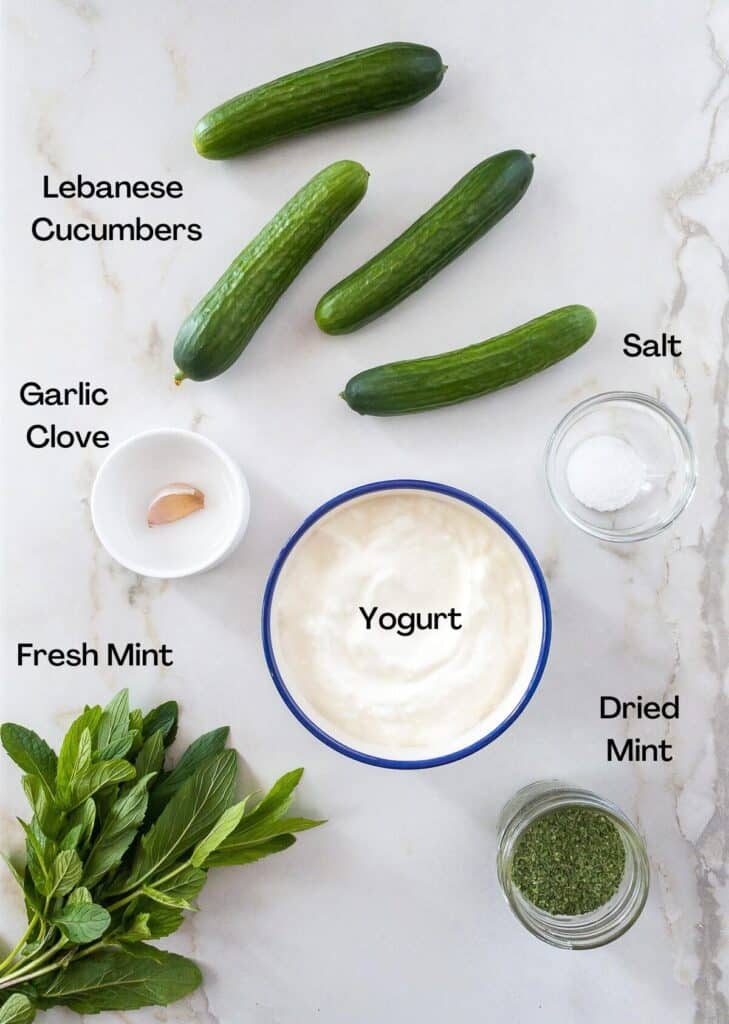 Ingredients needed to make a Lebanese Cucumber Yogurt Salad.