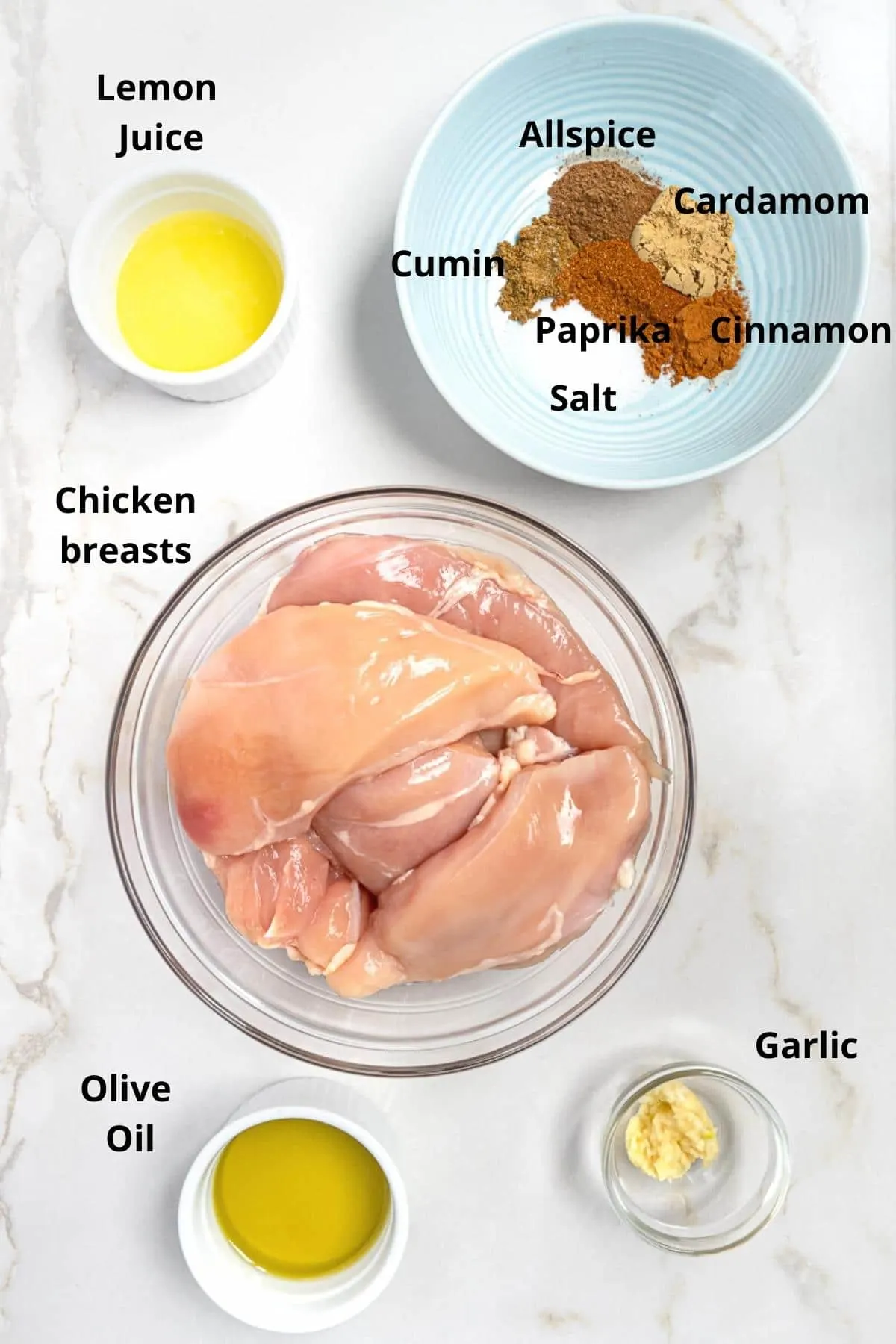 Ingredients needed to make chicken shawarma.