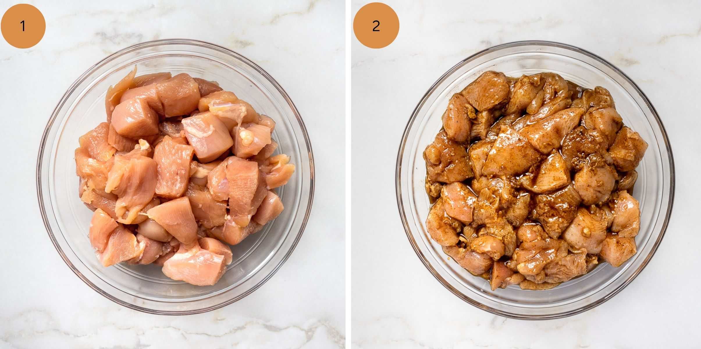 Step-by-Step images for making chicken shawarma kebabs.