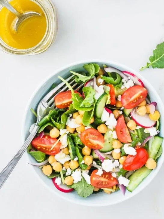 Bowl of kale and chickpea salad.